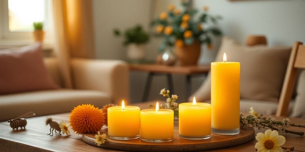 Beeswax candles glowing in a cozy home atmosphere.