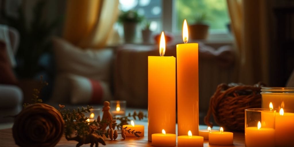 Close-up of glowing beeswax candles in a cozy room.