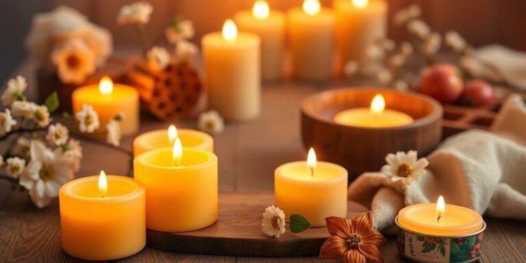 Glowing beeswax candles with honeycomb and flowers.