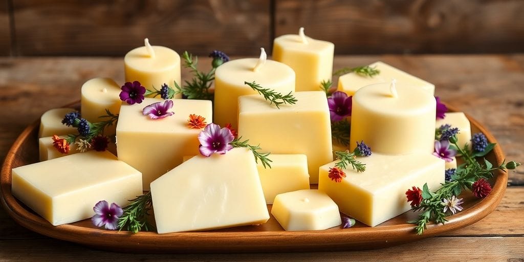 Colorful butter candles with herbs and flowers on a platter.