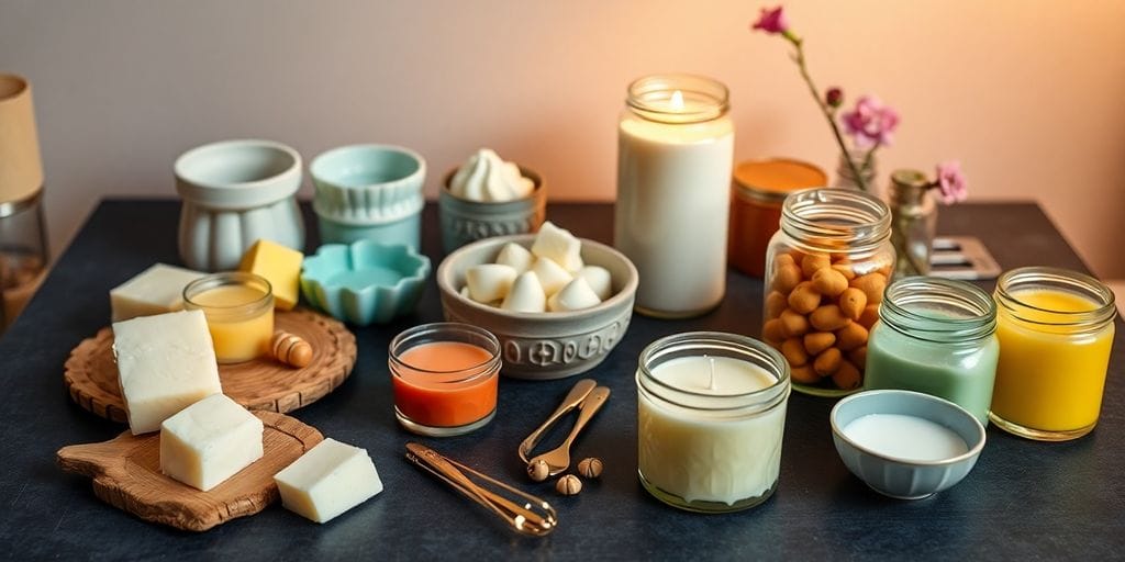 Table with butter candle making tools and ingredients.