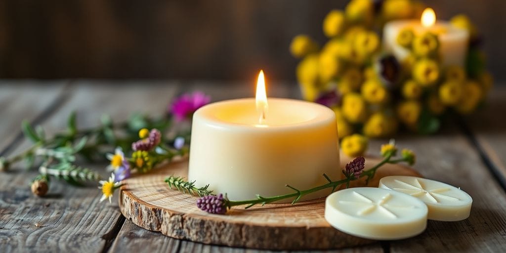 Butter candle on a wooden table with flowers.