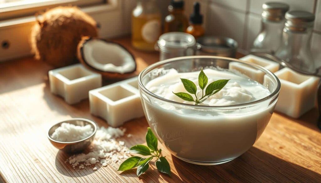 Coconut soap with coconut in background 