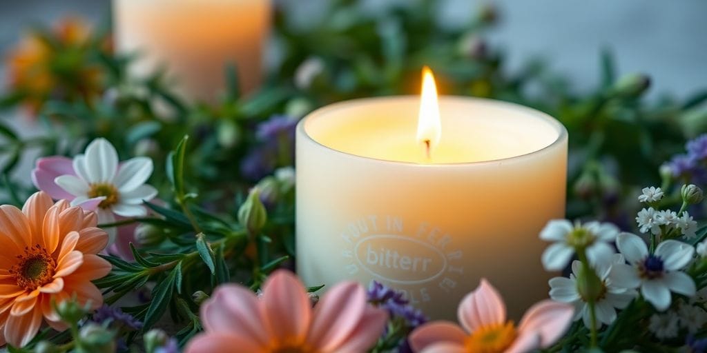 Candle with flower in background