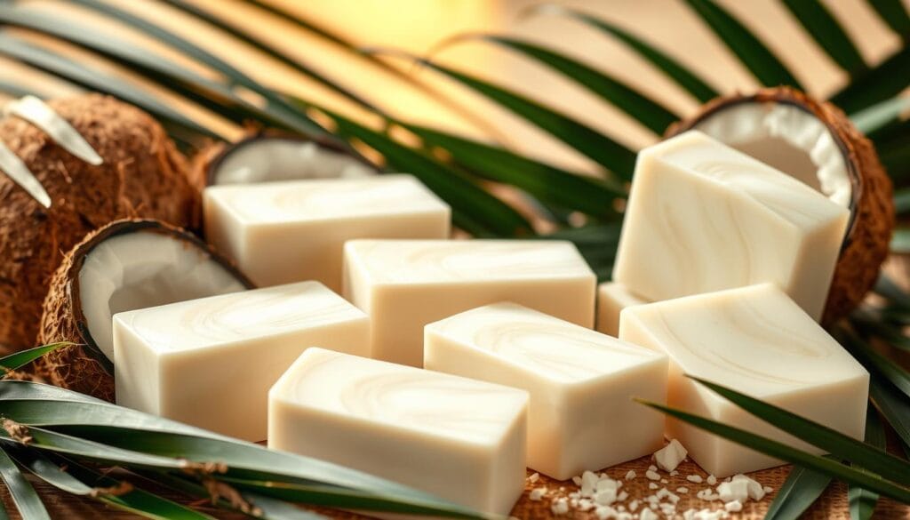 Coconut oil soap and coconuts in background