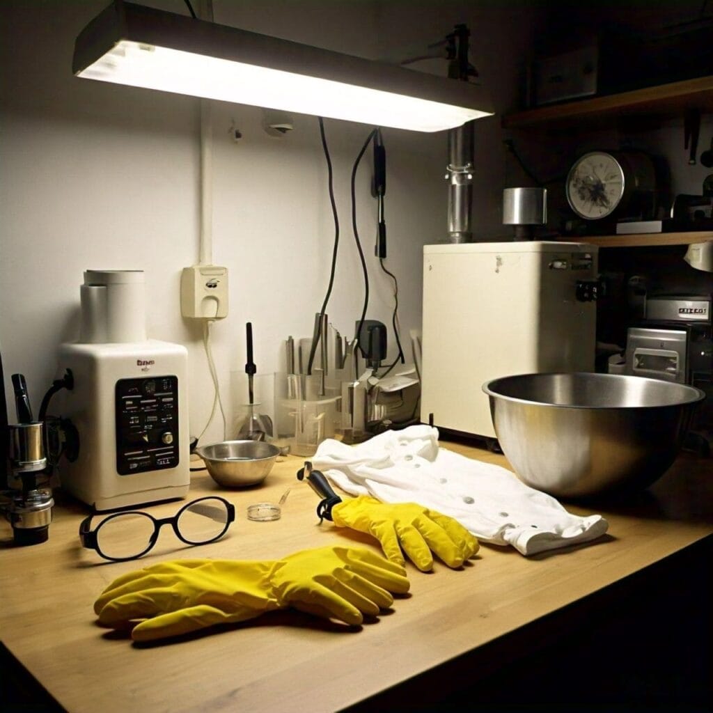 safety gloves and glasses in table