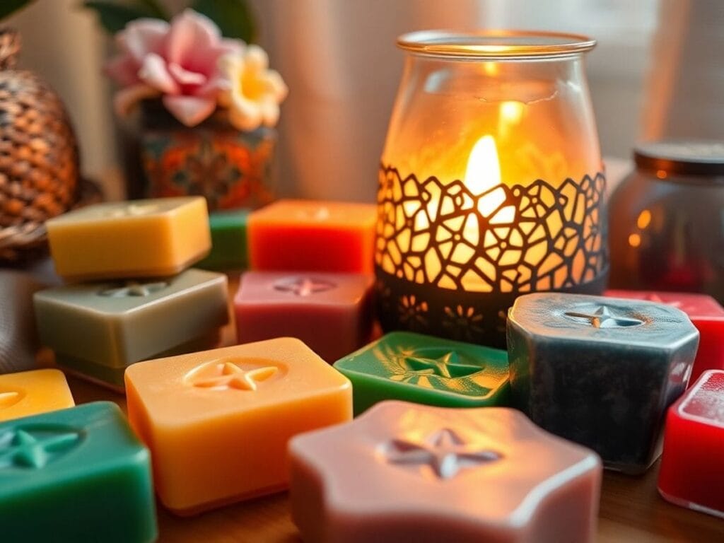 colorful wax cube and candle in the background