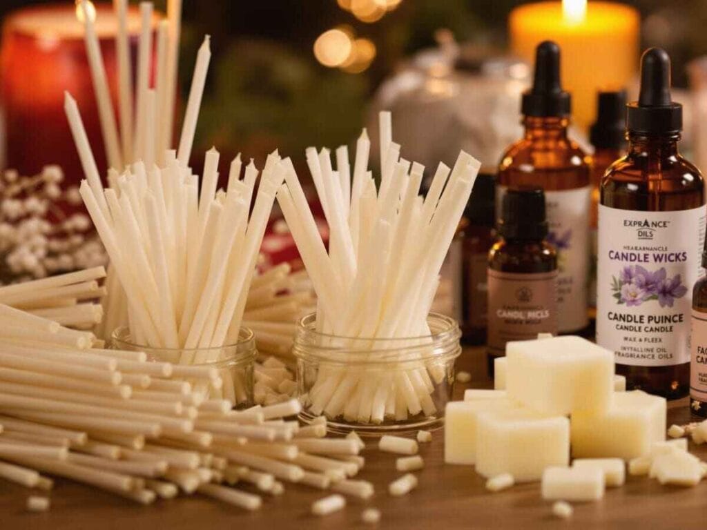 Assorted candle wicks, fragrance oils, and wax blocks arranged on a wooden table, showing essential materials for how to make a candle wick at home.