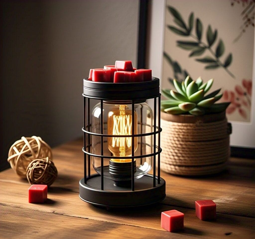 electric wax warmer above wooden table plant in the background